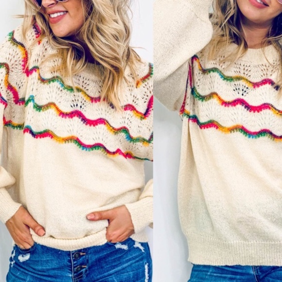 multi color rainbow cream knit fall sweater - Picture 2 of 3
